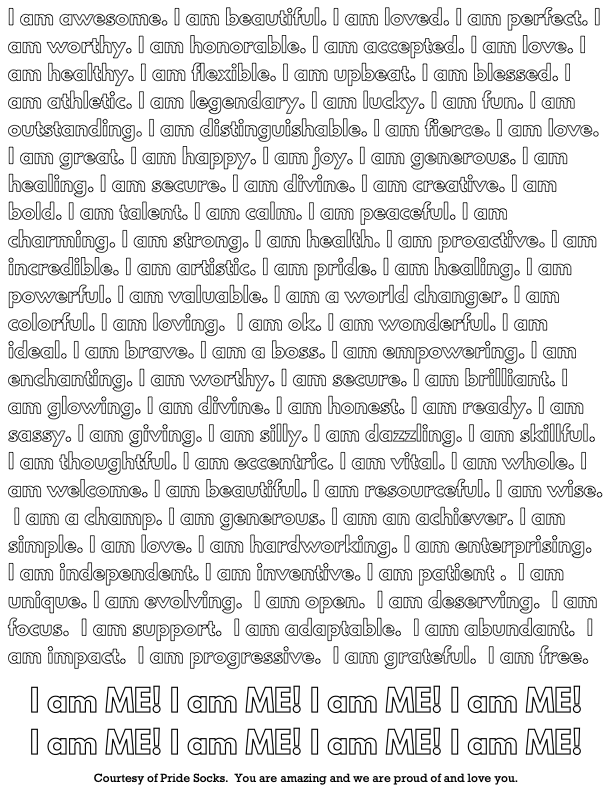 'I AM' positive affirmations coloring page - Pride Socks