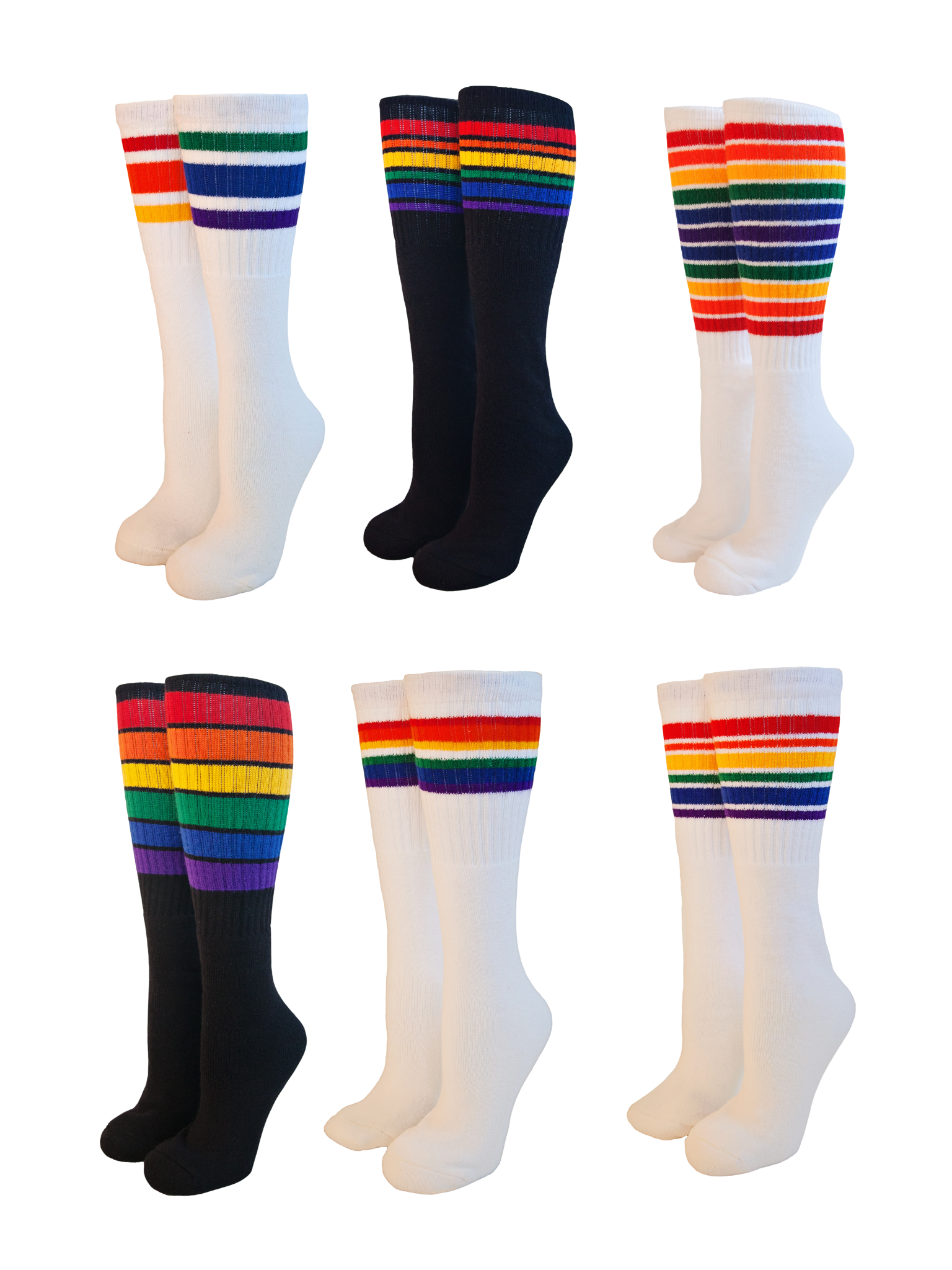 6 Pairs of Any Knee High Rainbow Striped Tube Socks