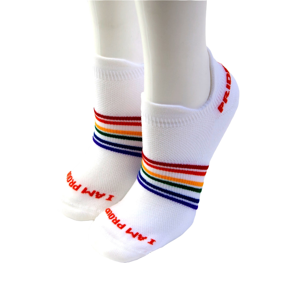 wear rainbow striped no show pride socks to impress your feet.