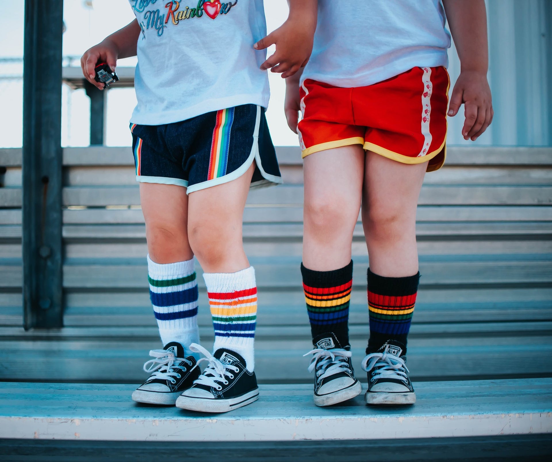 Close-up of Fearless rainbow baby tube socks by Pride Socks