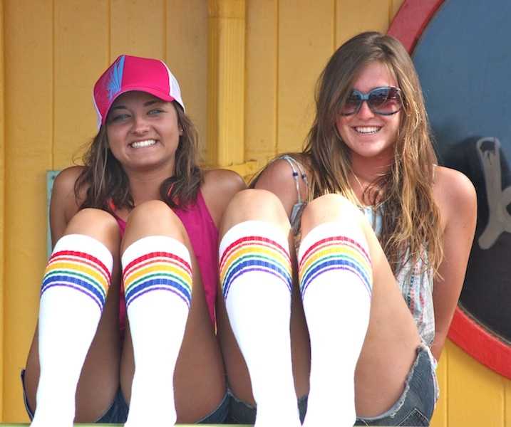 Close-up of Fearless rainbow under the knee tube socks