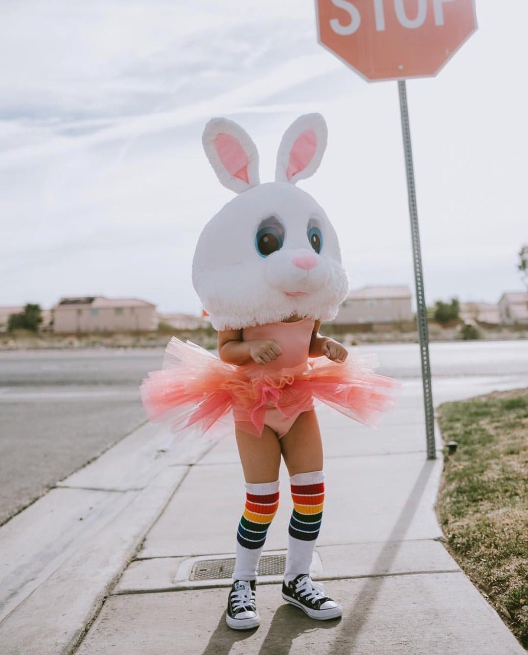 Person wearing YOLO rainbow knee high socks outdoors