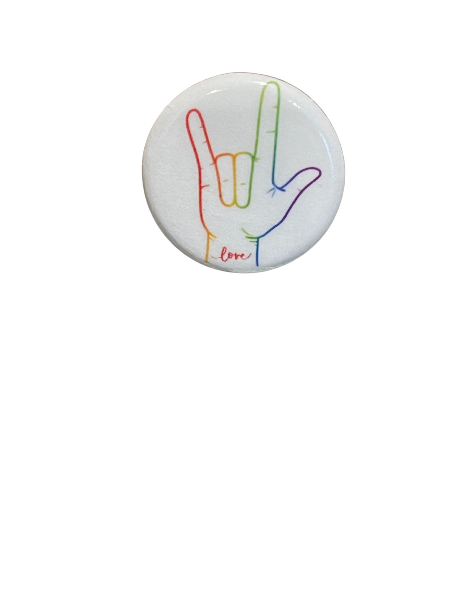 show your support and love to the deaf community by wearing this asl i love you button.  wear it on your jacket, sweater, jeans or backpack rocking your pride socks.