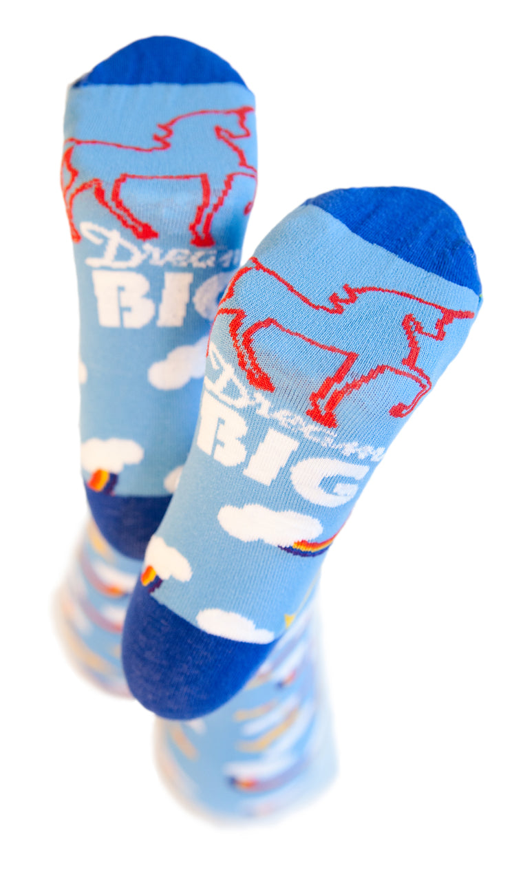 dream big pride socks with unicorn to help those with Down syndrome to attend college.  you've helped pride socks raise over 19k for students with down syndrome to attend college or higher education in austin texas.