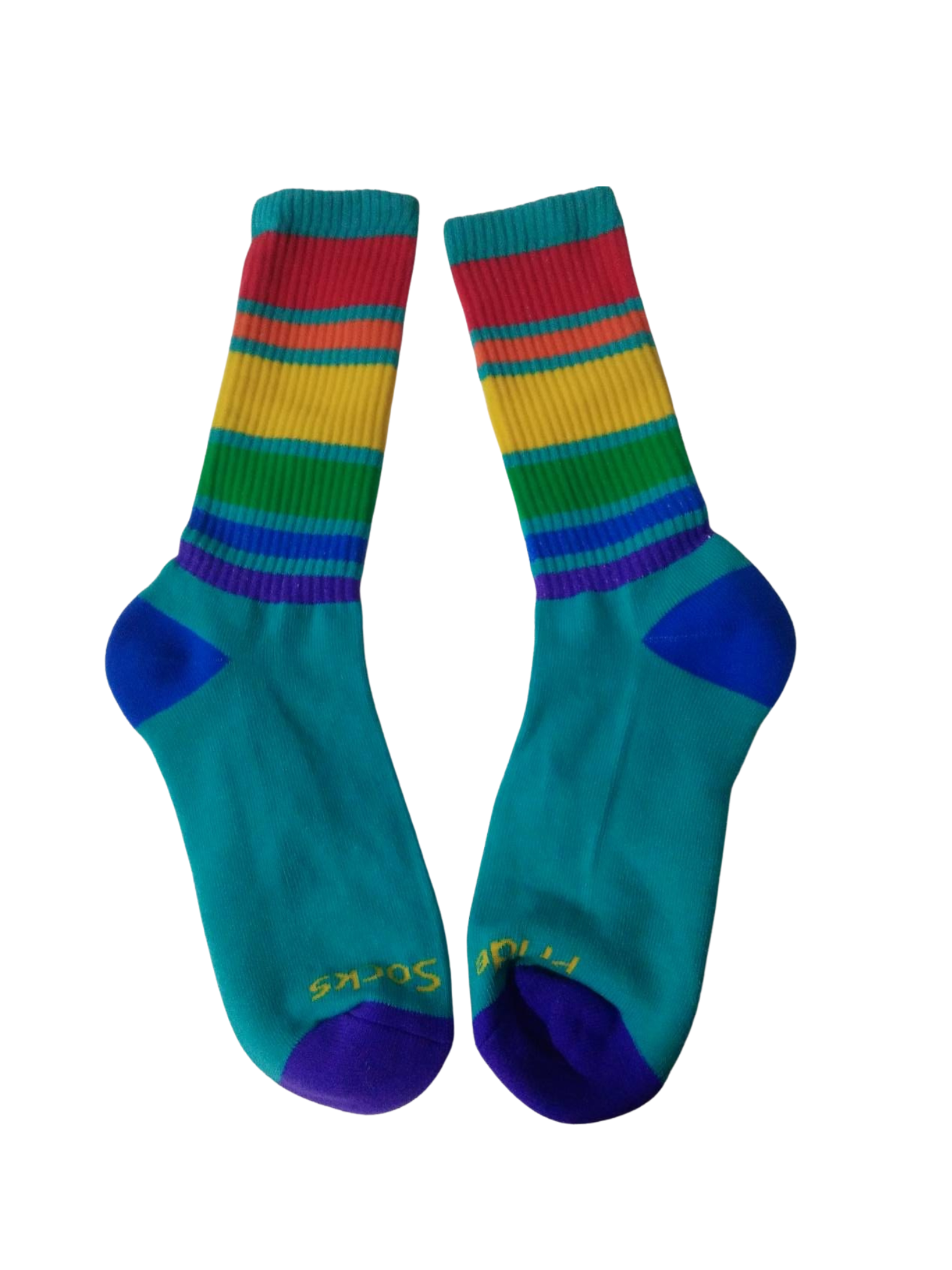 Electric blue rainbow striped tube socks