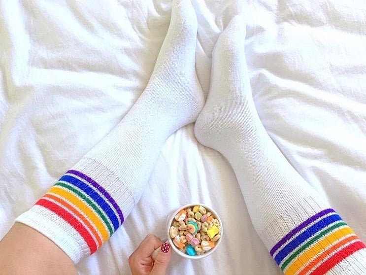 Close-up of rainbow knee high tube socks 6 pack by Pride Socks