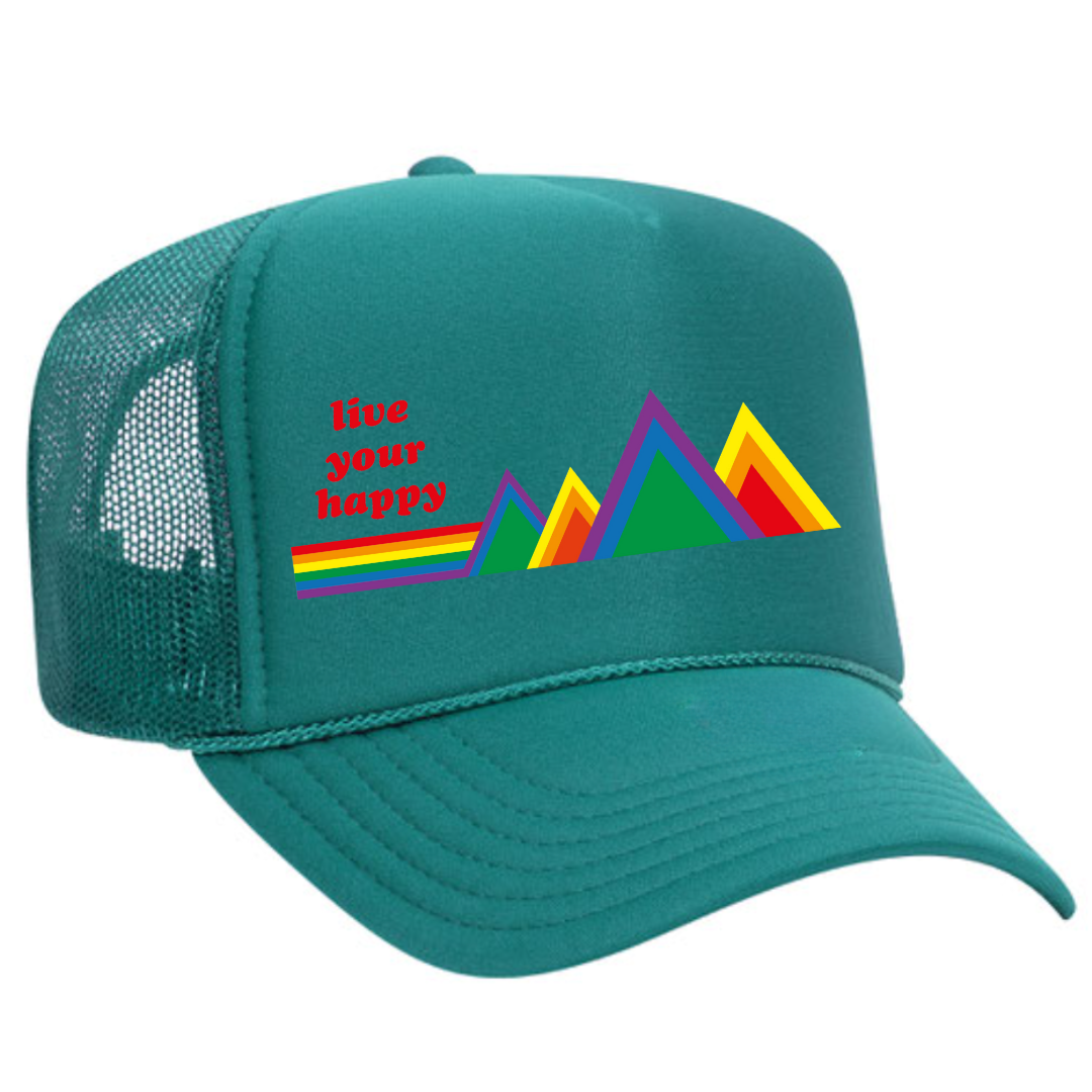 hot pink rainbow live your happy mountains hat