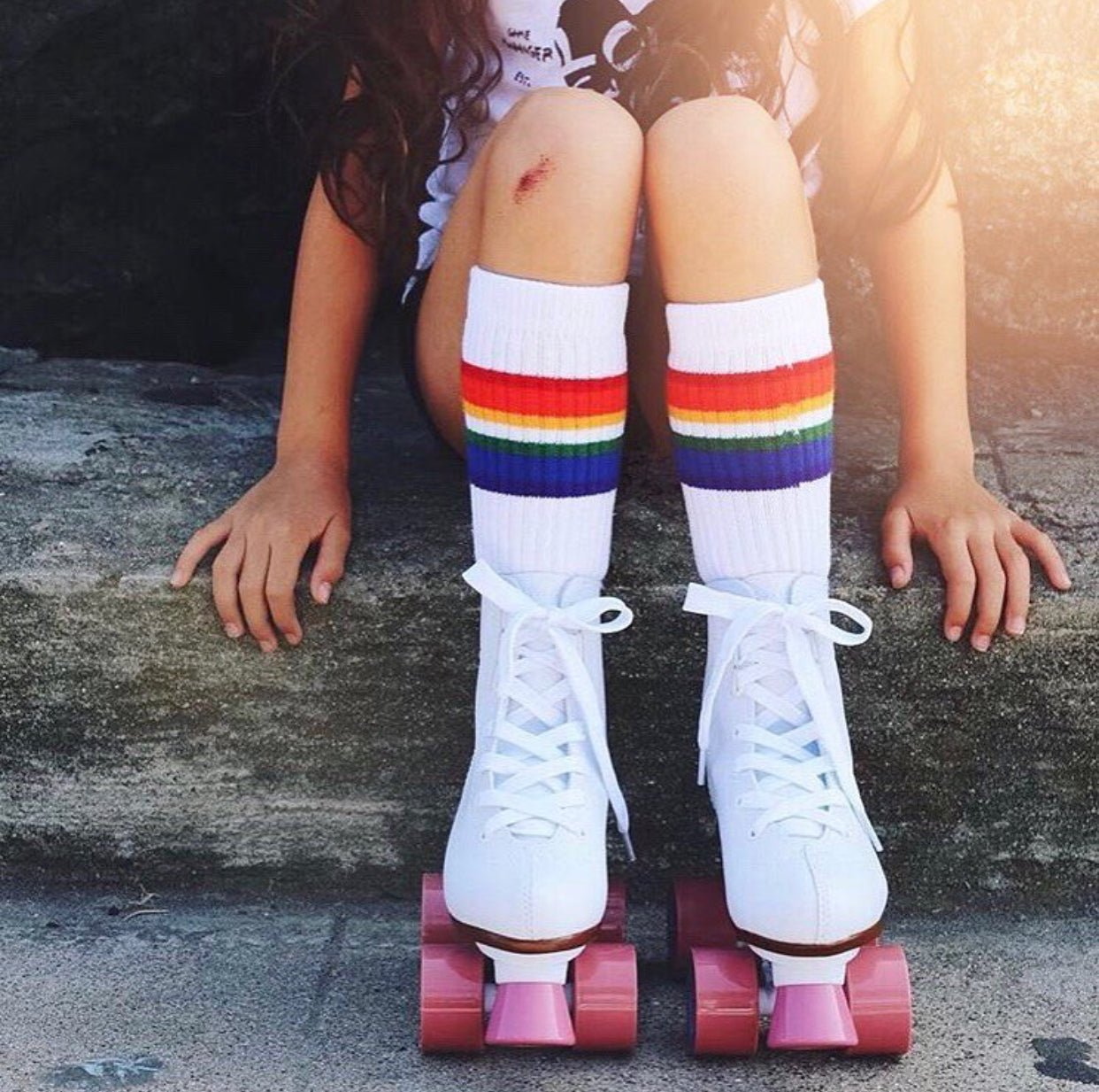 Close-up of rainbow kids tube socks 3 pack