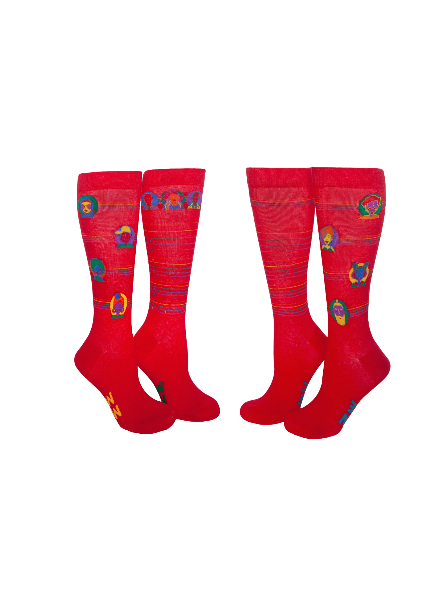 Two pairs of red knee-high socks with colorful patterns on a white background
