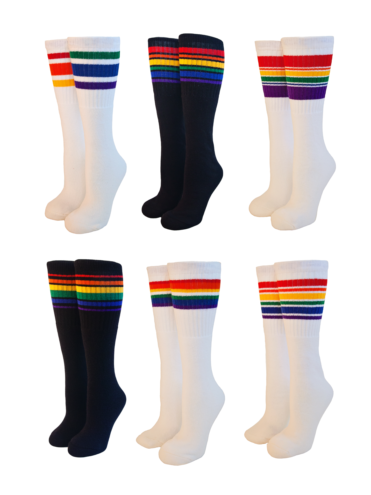 6 Pairs of Any Under the Knee High Rainbow Striped Tube Socks