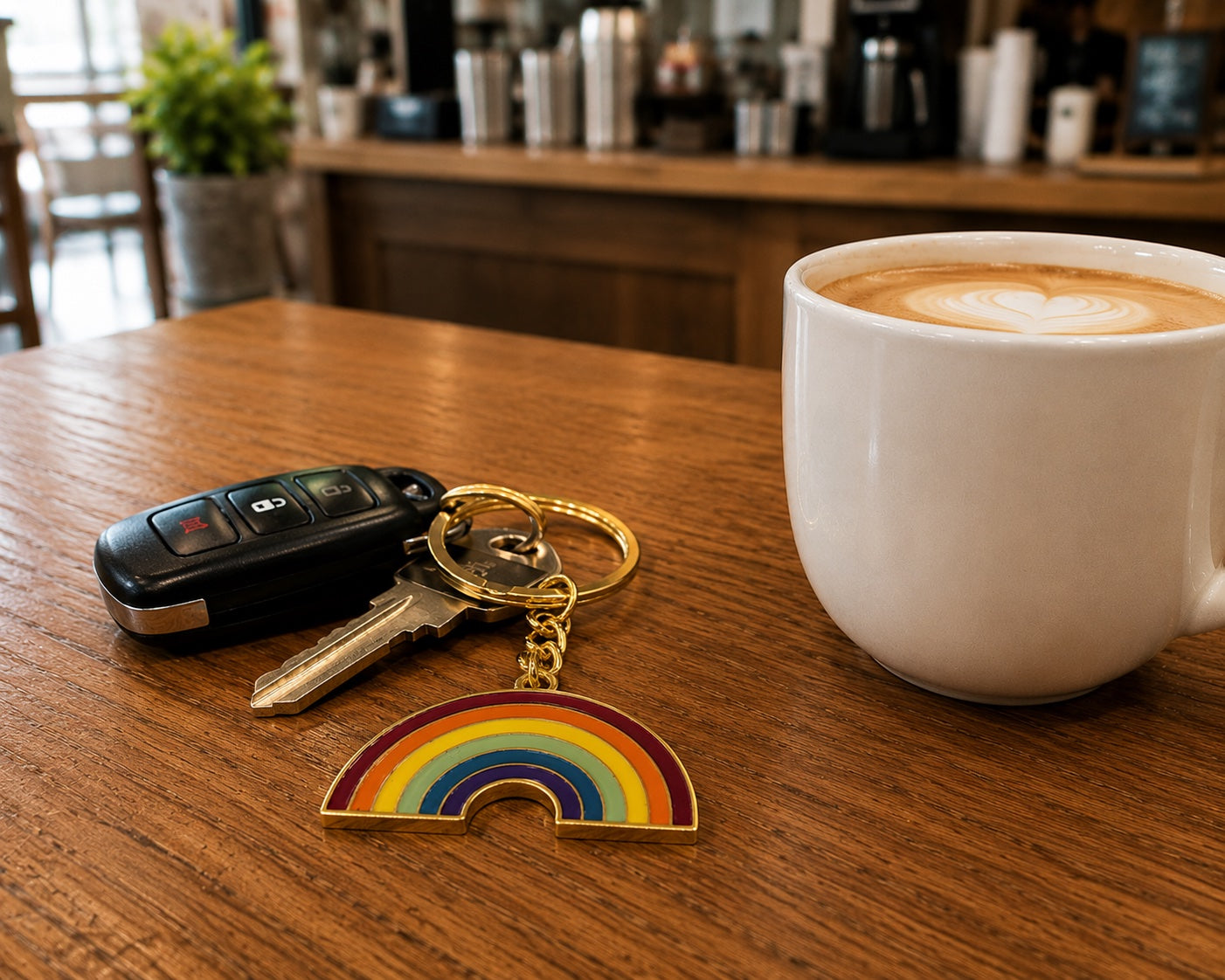 Rainbow enamel keychain with polished gold accents attached to a key ring, perfect for keys, backpacks, and everyday accessories.